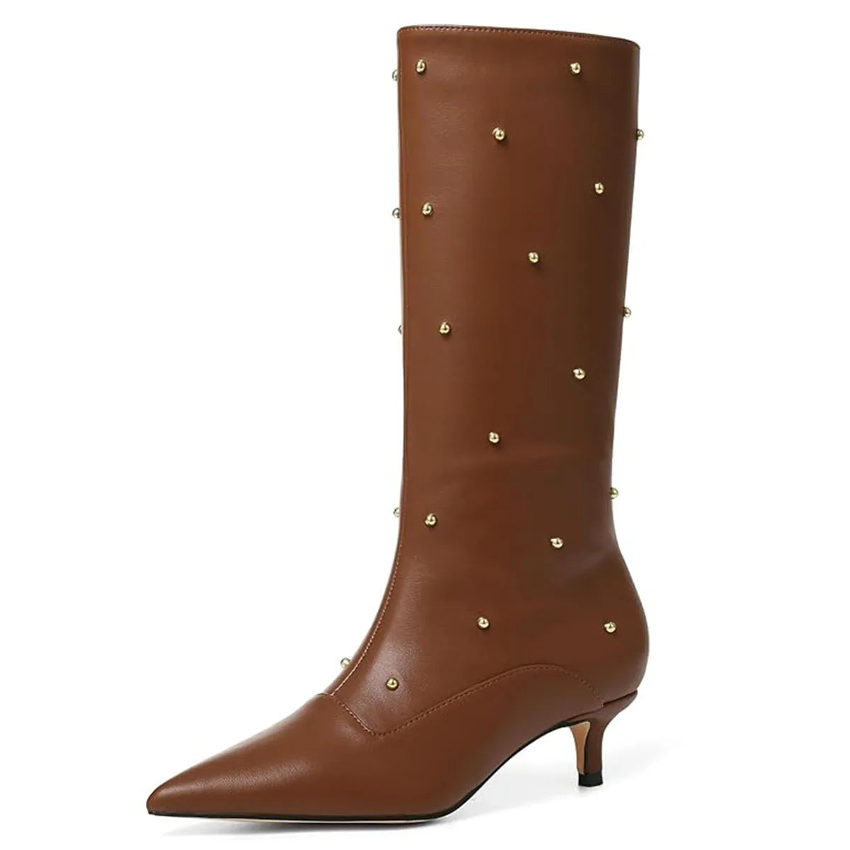 Sexy Rivets Women High Heel Boots Slip On Mid Calf Shoes - The Kings Lots
