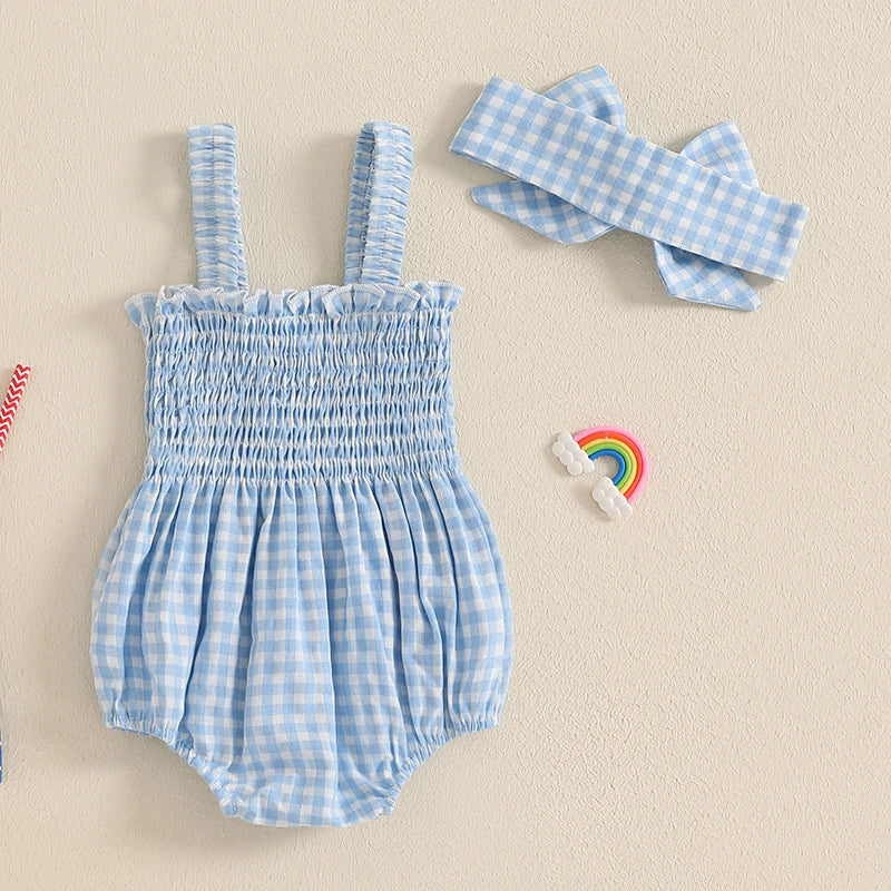 Cute Baby Girl 4th of July Set Red Plaid Romper Headband - The Kings Lots