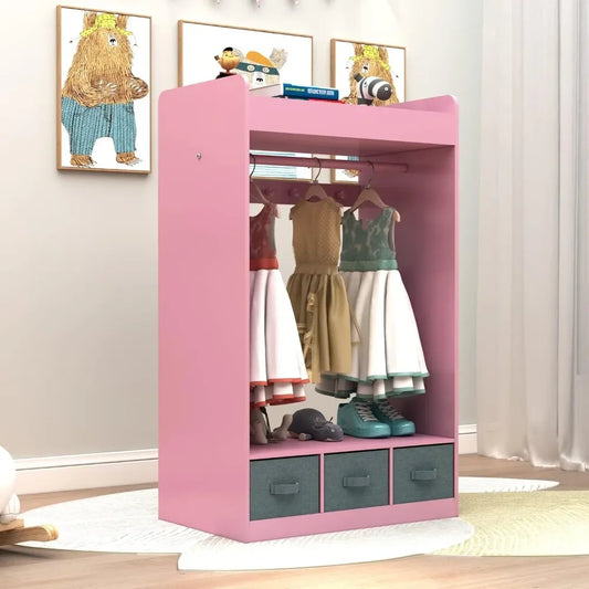 Children's Wardrobes , Dress up Storage with Mirror and Storage Bin,Kids Play Armoire Dresser with Mirror,Kids Costume Organizer - The Kings Lots