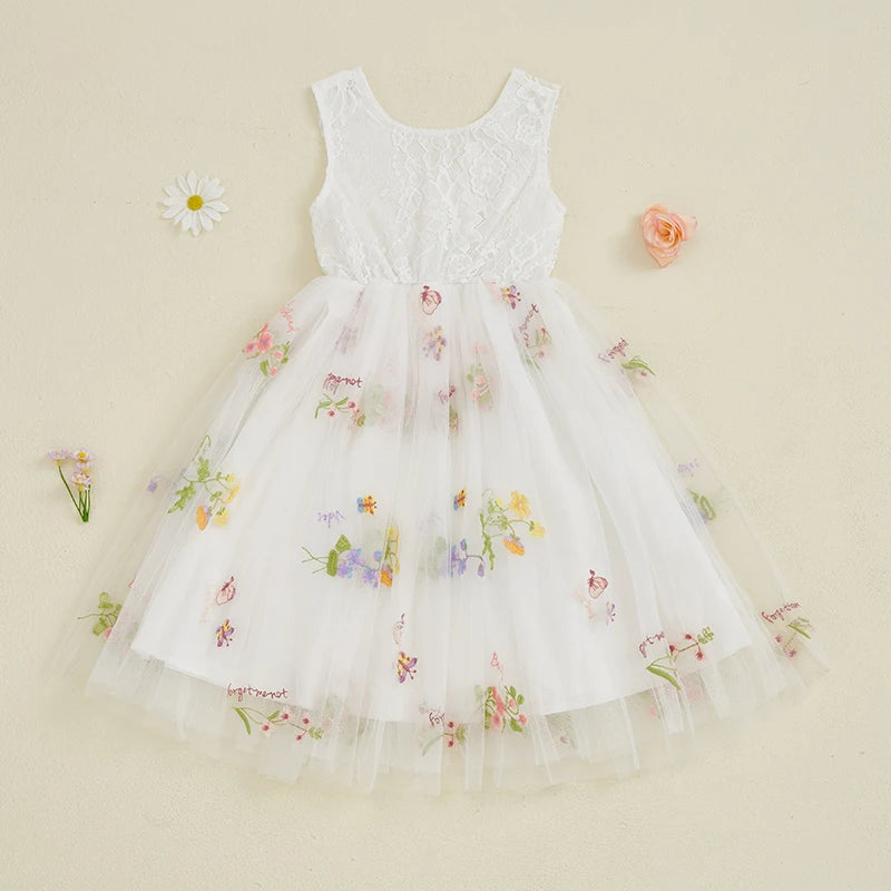 Kids Girl Tulle Dress Sleeveless Round Neck Floral Embroidery Dress Toddler Princess Dress Summer Clothes - The Kings Lots