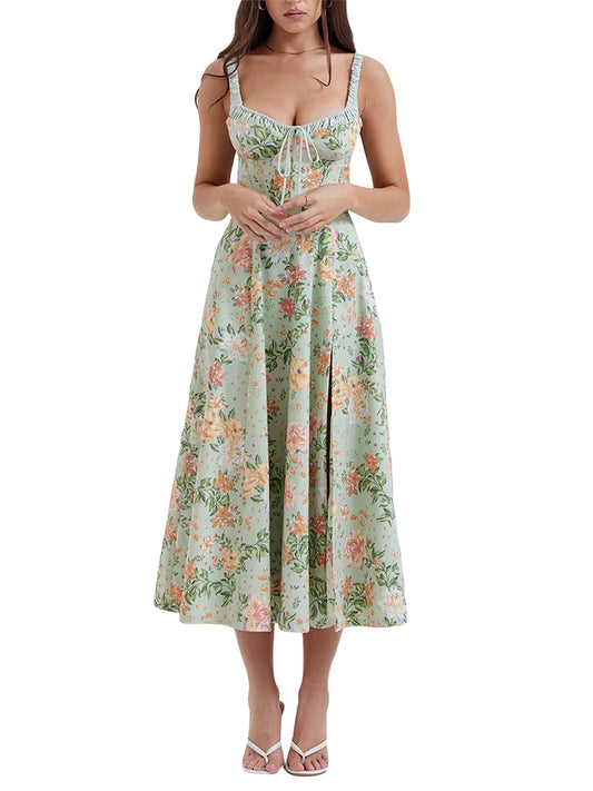 Women Summer Casual Midi Dress Floral Print Low-Cut Sling