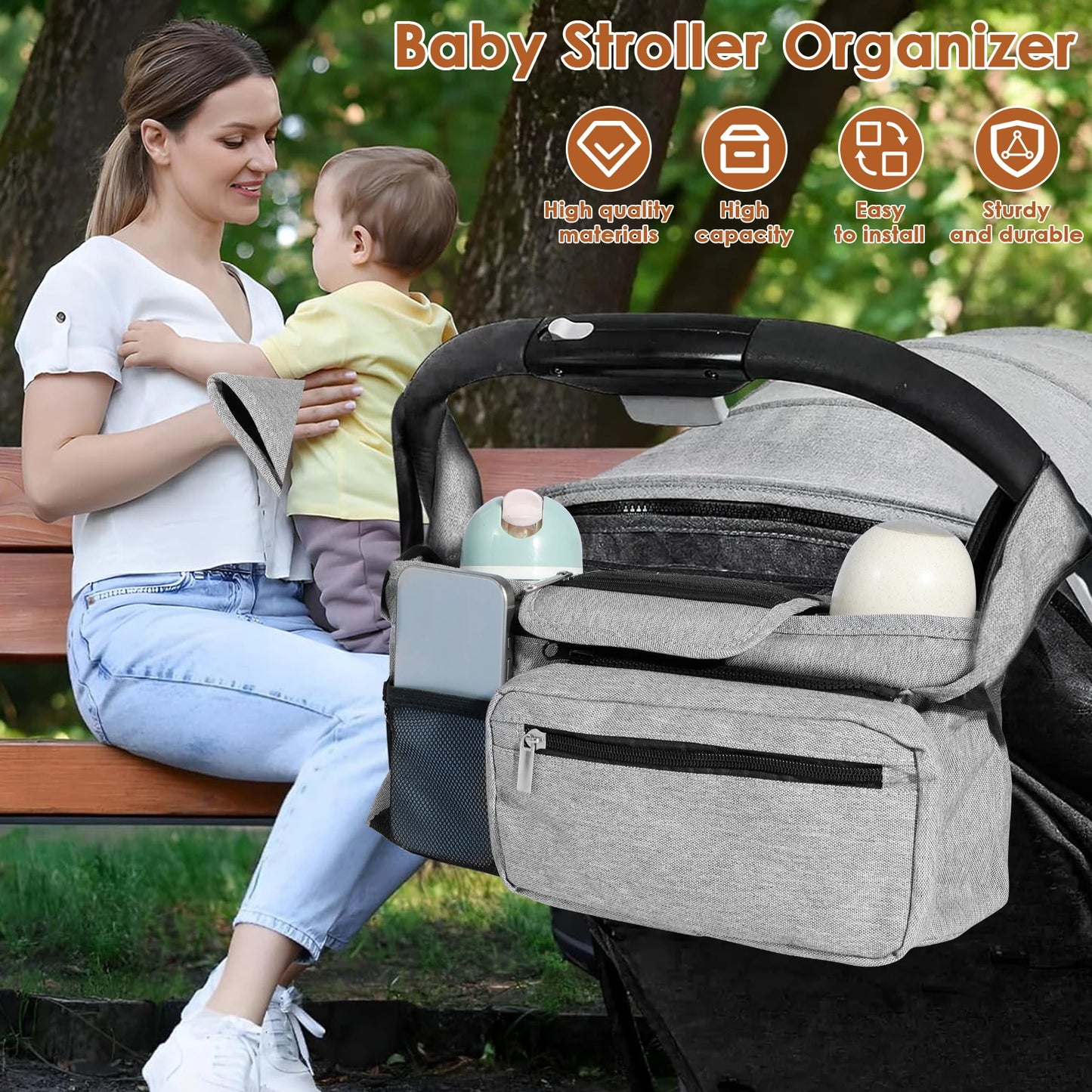 5PCS/1PCS Stroller Organizer with Insulated Cup Holder Detachable Phone Bag Shoulder Strap for Uppababy Baby Jogger Britax BOB
