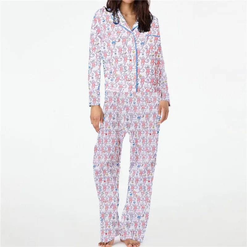 Roller Rabbit Monkey Pajamas Preppy Pjs Cute Pj Pants Sets For Women Y2k Long Sleeve Pajamas Set 2 Piece Loungewear - The Kings Lots