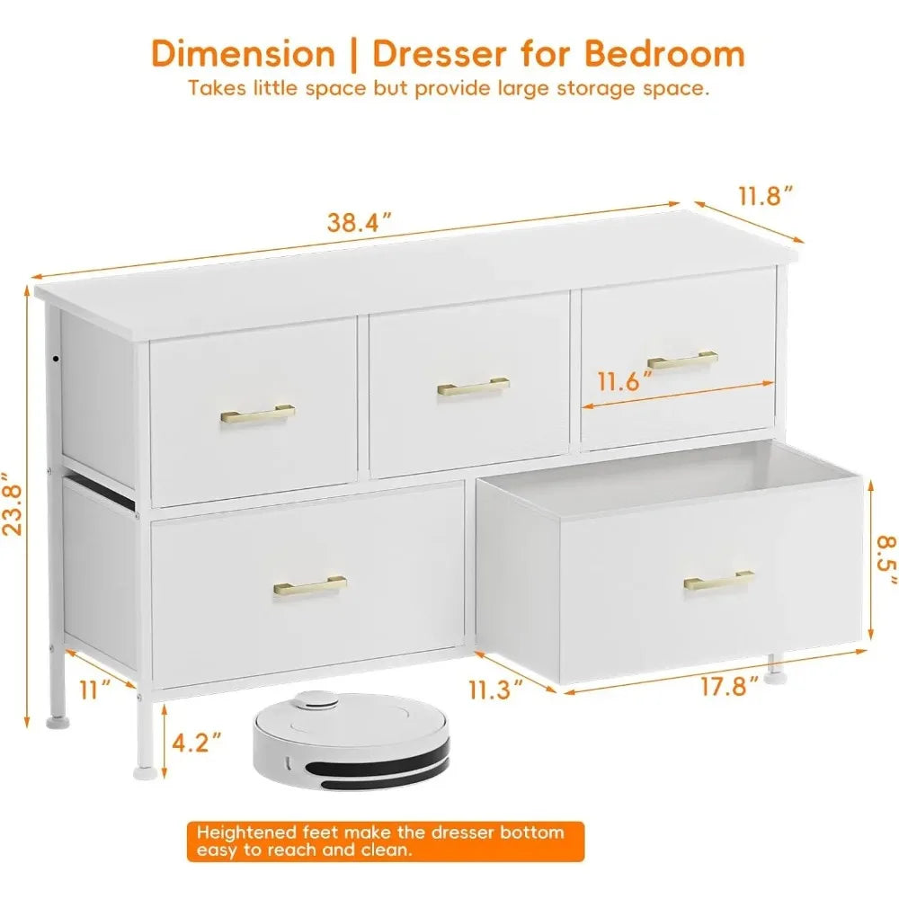 Bedroom 5 Drawer Dresser, White Dresser with Fabric Drawer, Drawer Cabinet PU Finish, Metal Handle, Closet Kids Room, White - The Kings Lots