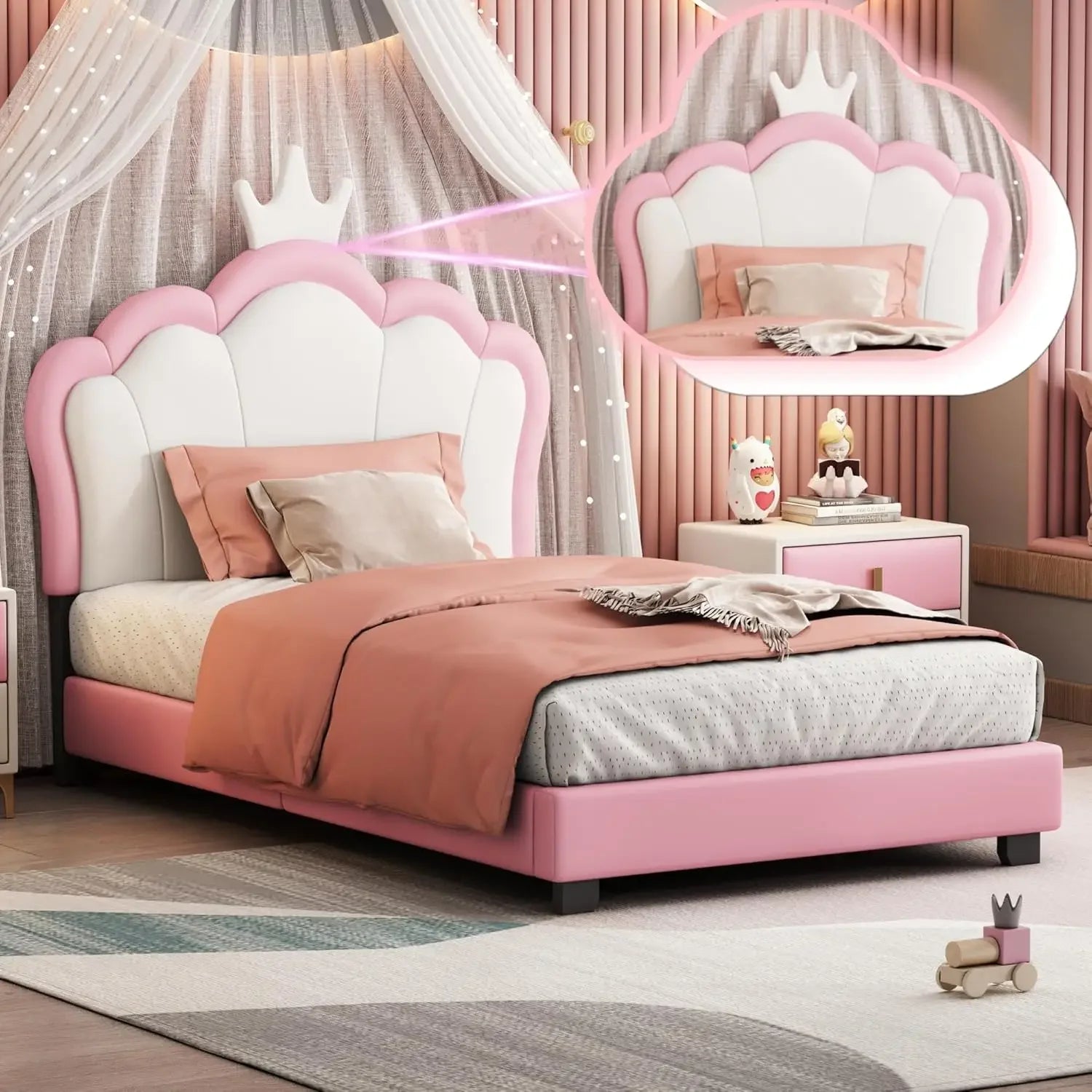 Full Size Upholstered Princess Bed with Crown Headboard, Full Size Platform Bed with Headboard and Footboard Suitable for girls - The Kings Lots