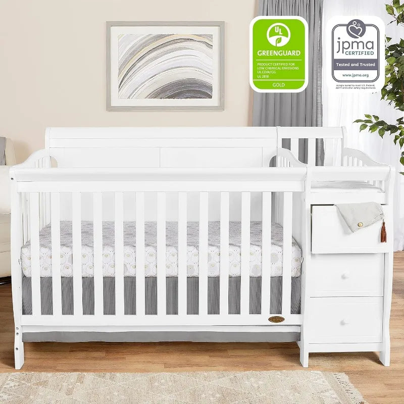 5 In 1 Brody Convertible Crib With Changer In White, Greenguard Gold Certified, Comes With 1" Changing Pad, Non-Toxic Finish - The Kings Lots