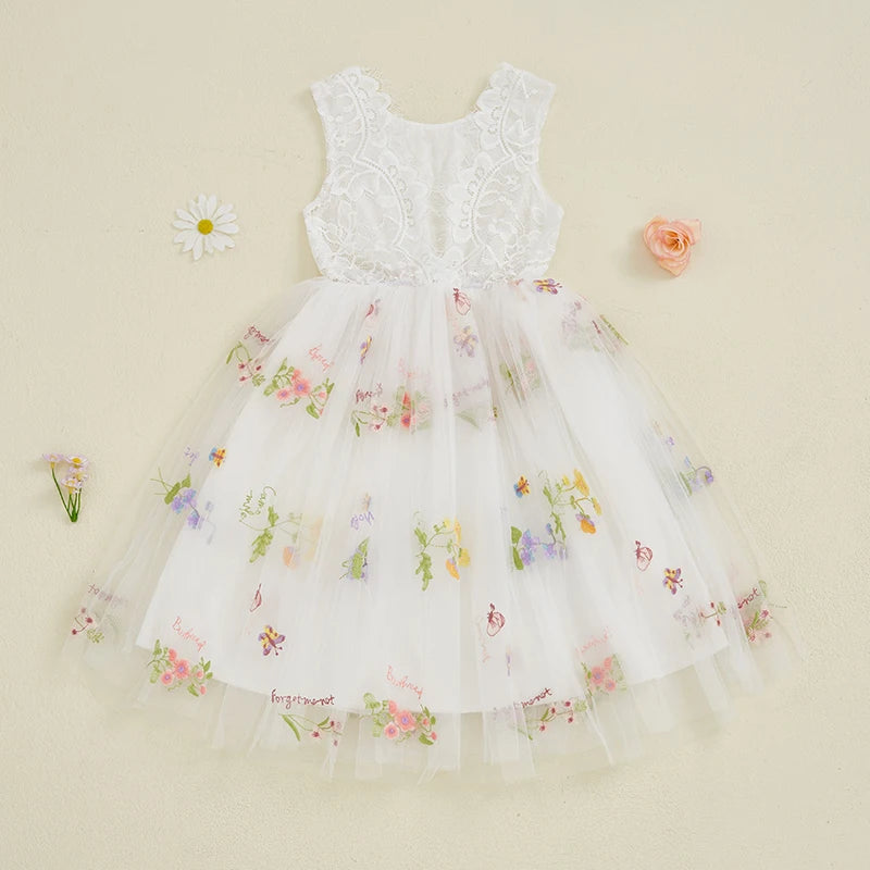 Kids Girl Tulle Dress Sleeveless Round Neck Floral Embroidery Dress Toddler Princess Dress Summer Clothes - The Kings Lots