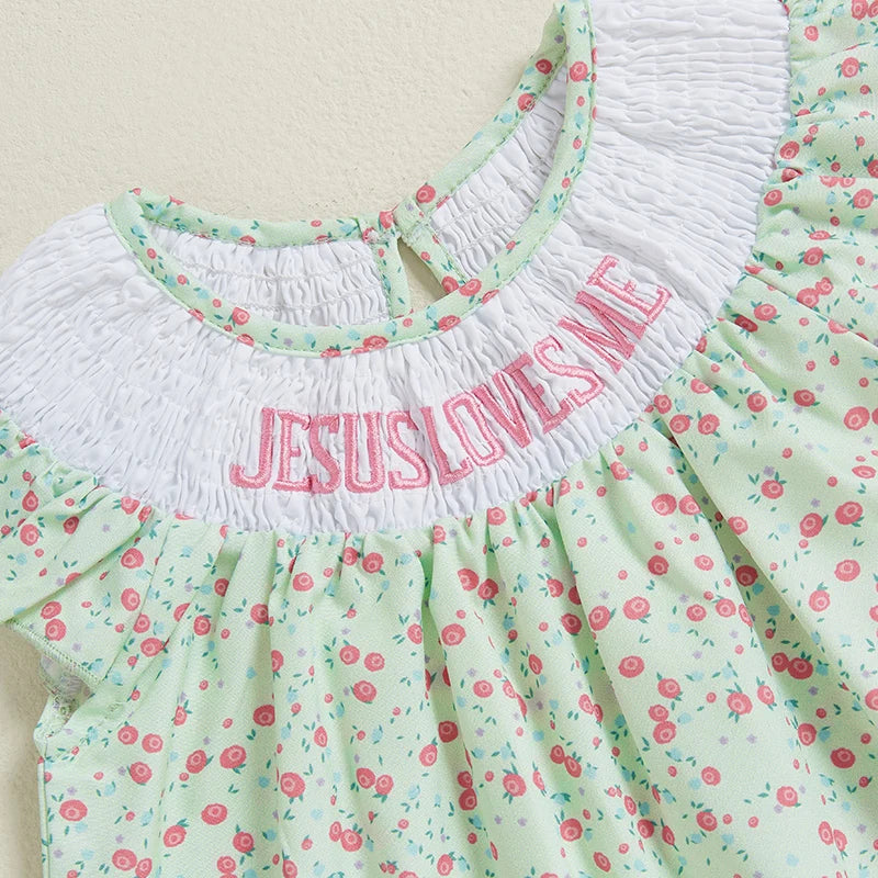 Toddler Girls Dress Floral Print Letter Embroidery Round Neck Fly Sleeve Casual Dress Baby Summer Dress - The Kings Lots