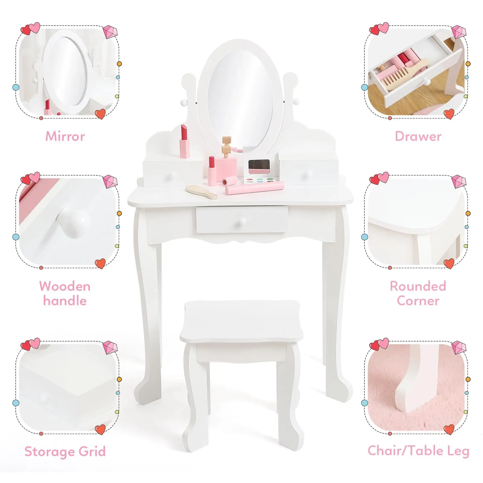 Kids Vanity Set with Mirror and Drawer for Pretend Play - The Kings Lots