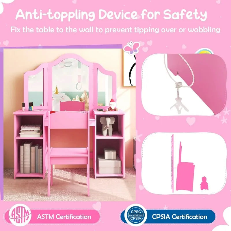 Kids 2-in-1 Princess Makeup Desk & Chair with Detachable Mirror, Shelves, Pretend Play Dressing Table for Girls (Pink) - The Kings Lots