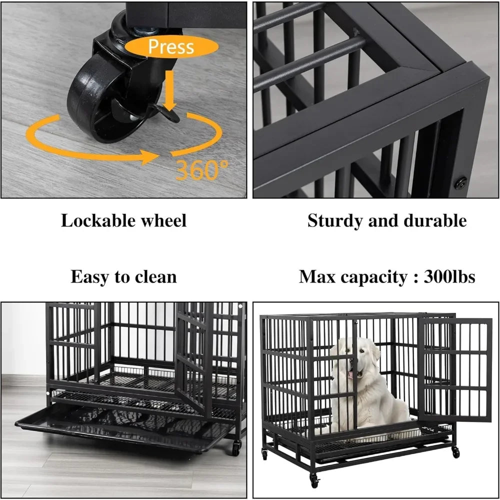 Heavy Duty Dog Crate Double Doors Escape Proof Cage Kennel