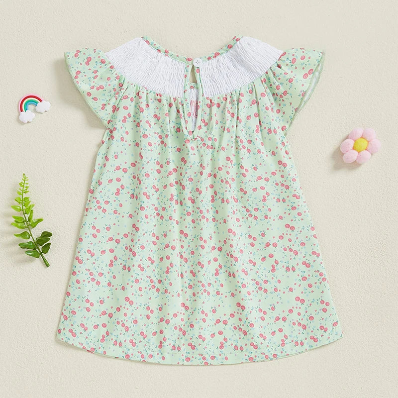 Toddler Girls Dress Floral Print Letter Embroidery Round Neck Fly Sleeve Casual Dress Baby Summer Dress - The Kings Lots
