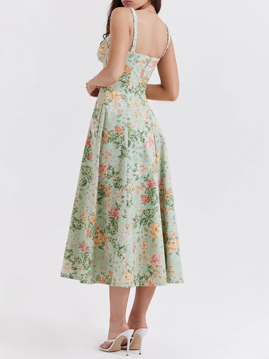 Women Summer Casual Midi Dress Floral Print Low-Cut Sling