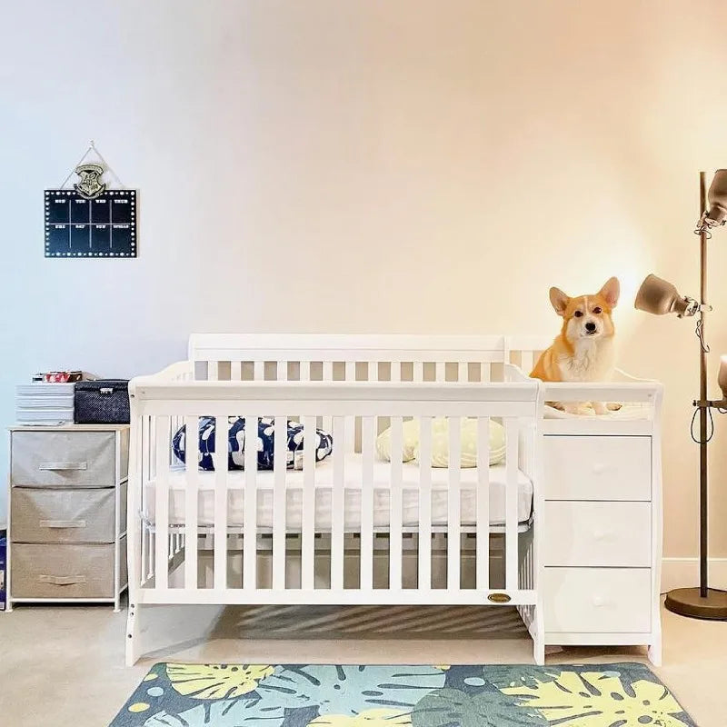5 In 1 Brody Convertible Crib With Changer In White, Greenguard Gold Certified, Comes With 1" Changing Pad, Non-Toxic Finish - The Kings Lots