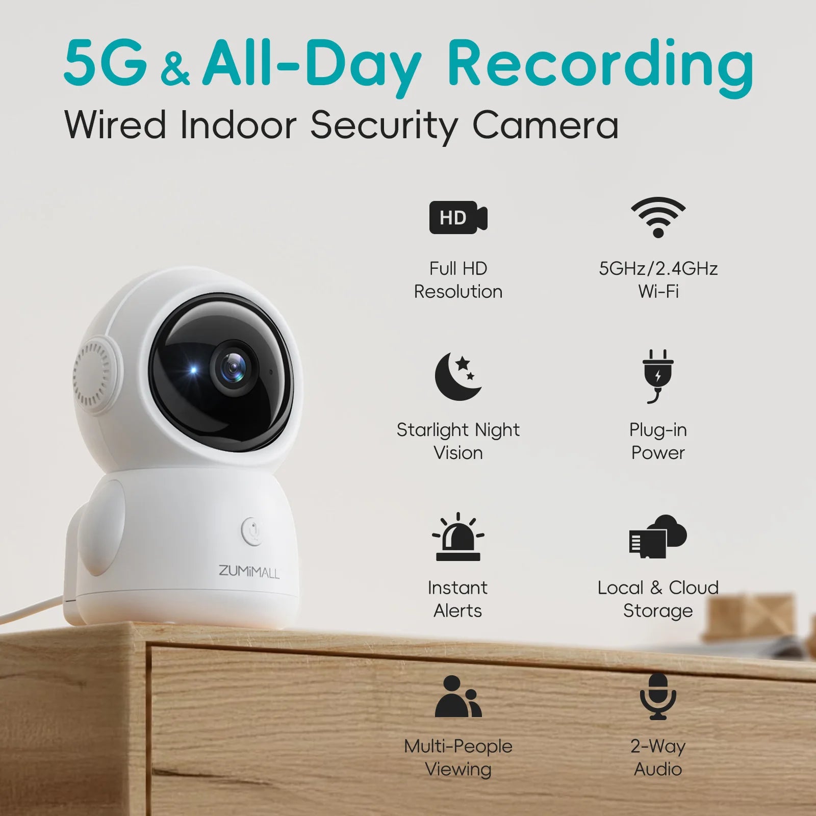 ZUMIMALL Wired Security Camera, 5G/2.4G WiFi Baby Monitor - The Kings Lots