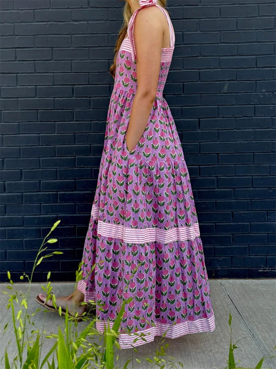 Elegant Maxi Dress with Boho Floral Print and Tie-Up Straps