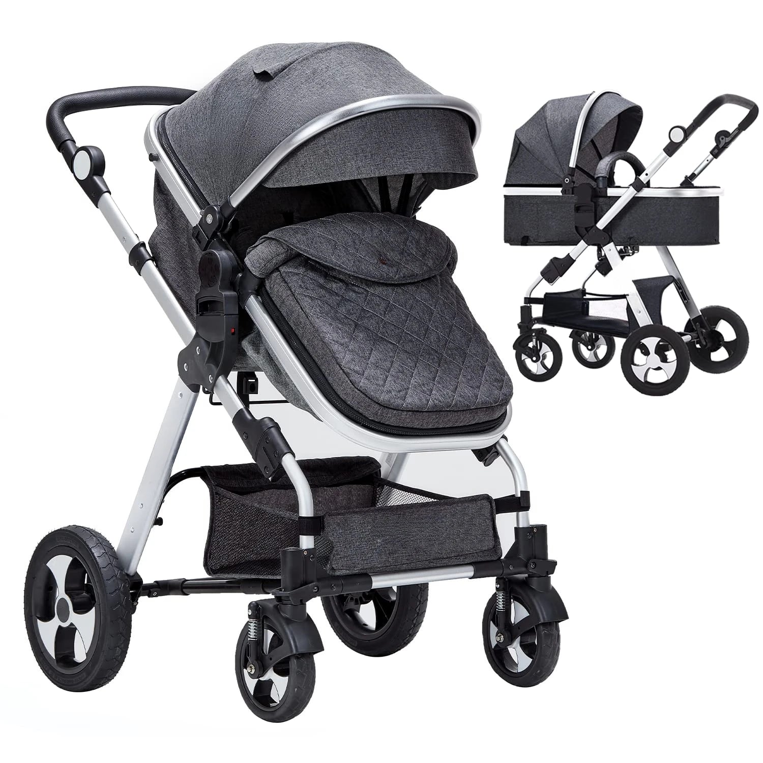 Baby Stroller for Newborn, 2 in1 High Landscape Stroller, Foldable Aluminum Alloy Pushchair with Adjustable Backrest - The Kings Lots