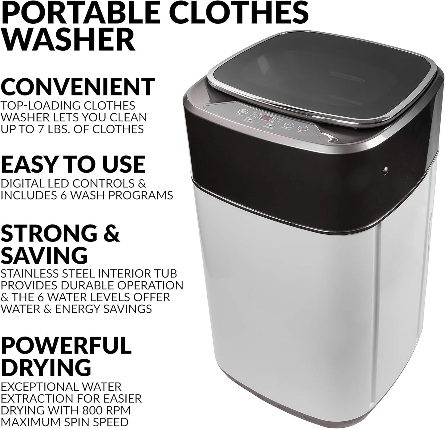 1.0 Cu. Ft. Portable Clothes Washer with 7-lb Load Capacity Silver & Chrome