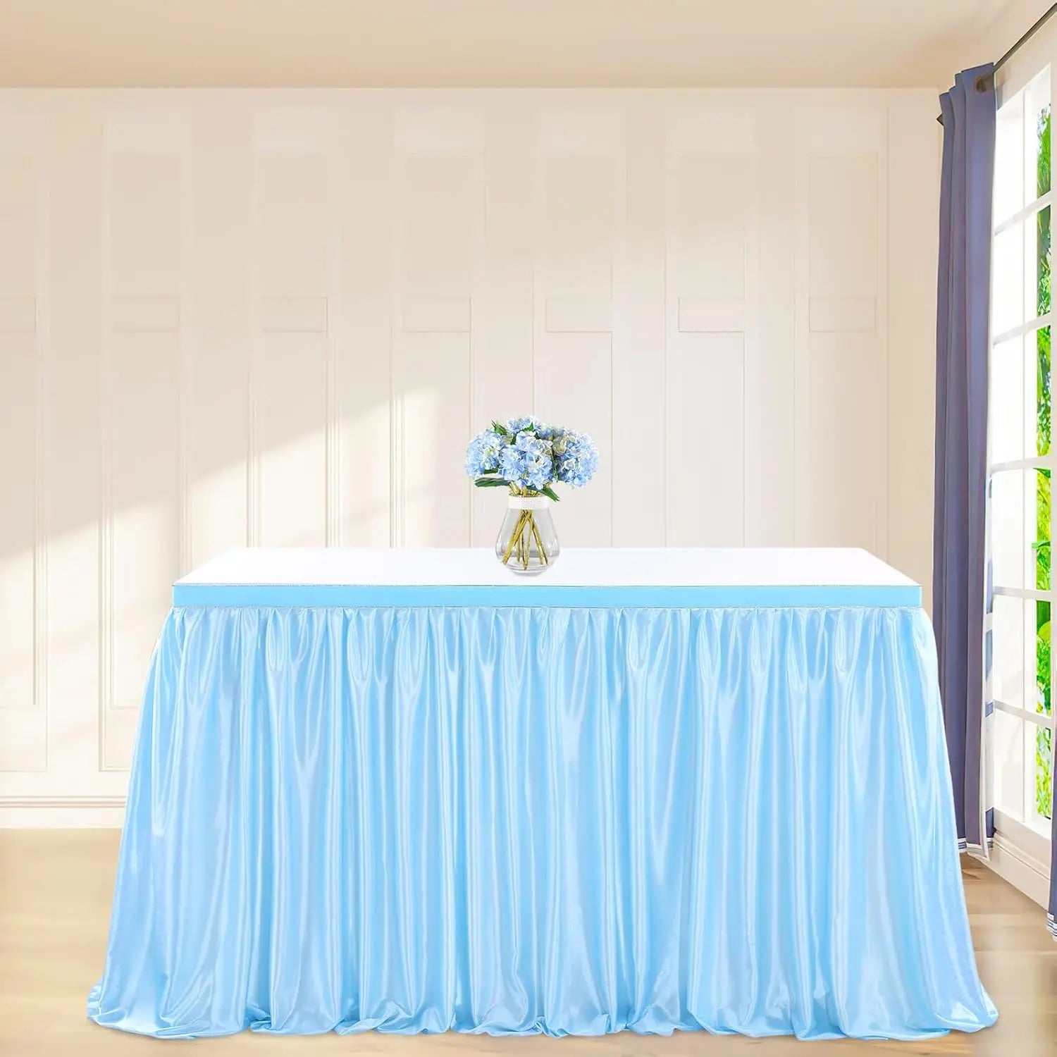 3 Piece Blue Table Skirt for Rectangle Table 9ft Polyester Cover - The Kings Lots