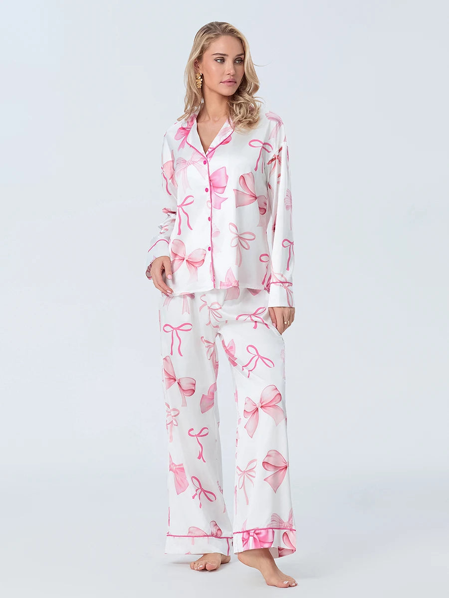 Women S Fall Loungewear Set Bow Print Long Sleeve Shirt Pants