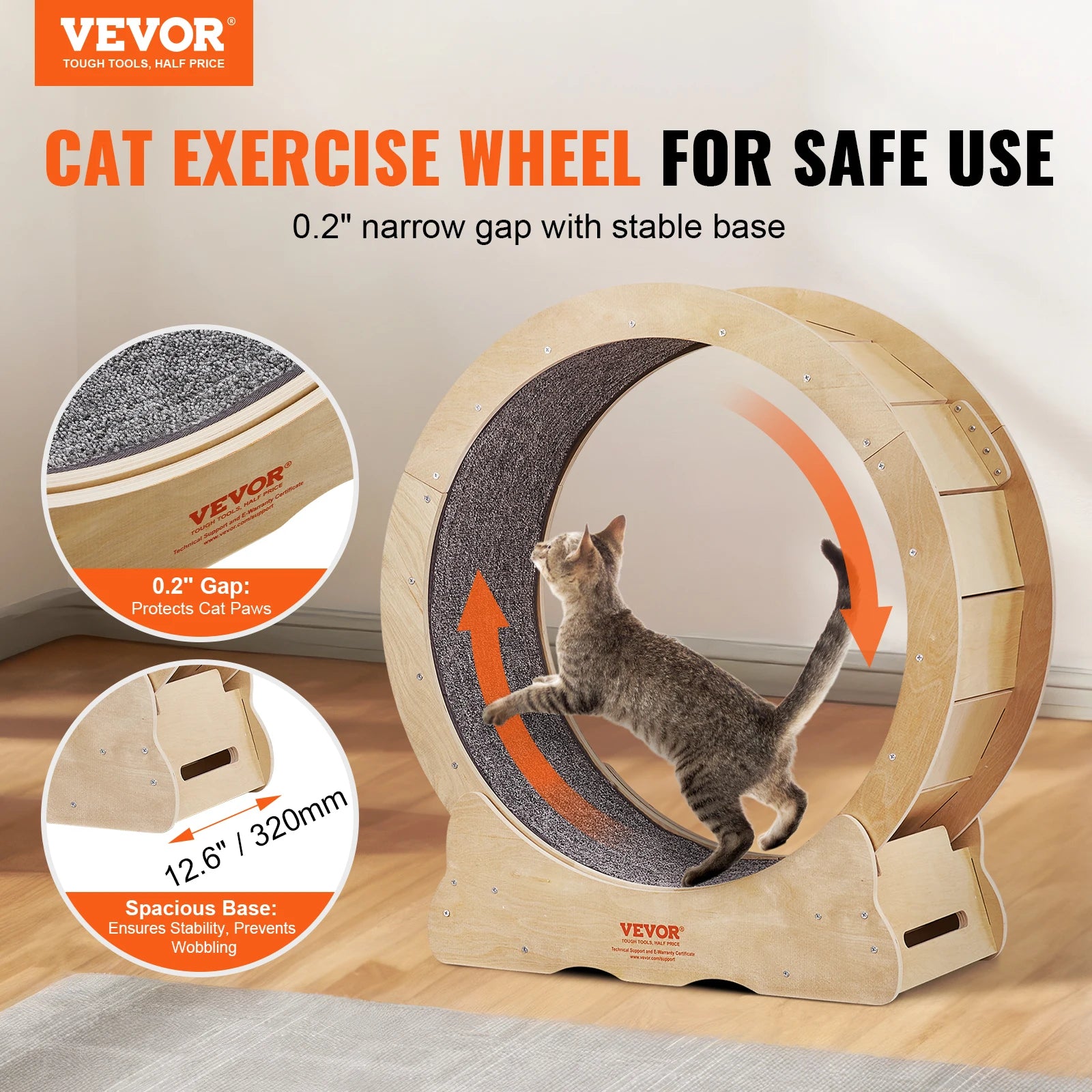 VEVOR Cat Exercise Wheel Natural Wood Silent Running Toy Treadmill Roller Wheel with Detachable Carpet for Most Cats Pet Fitness - The Kings Lots