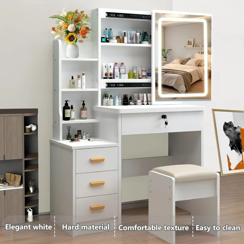 3 Lighting Modes with Drawers, with Open Storage Shelves,Vanity Table for Bedroom,Gifts for Girls and Women - The Kings Lots