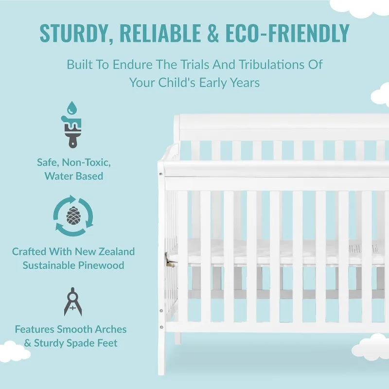 4-in-1 Mini Convertible Crib And Changer in White, Non-Toxic Finish, New Zealand Pinewood, 1" Mattress Pad - The Kings Lots