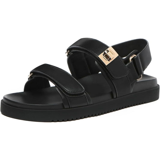 Women's Flat Sandals Comfort Adjustable Double Strap Slip on Leather Footbed Sandals - The Kings Lots