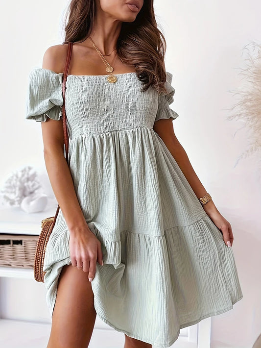 2025 Spring Summer Women's Off-Shoulder Midi Dress with Ruching - The Kings Lots