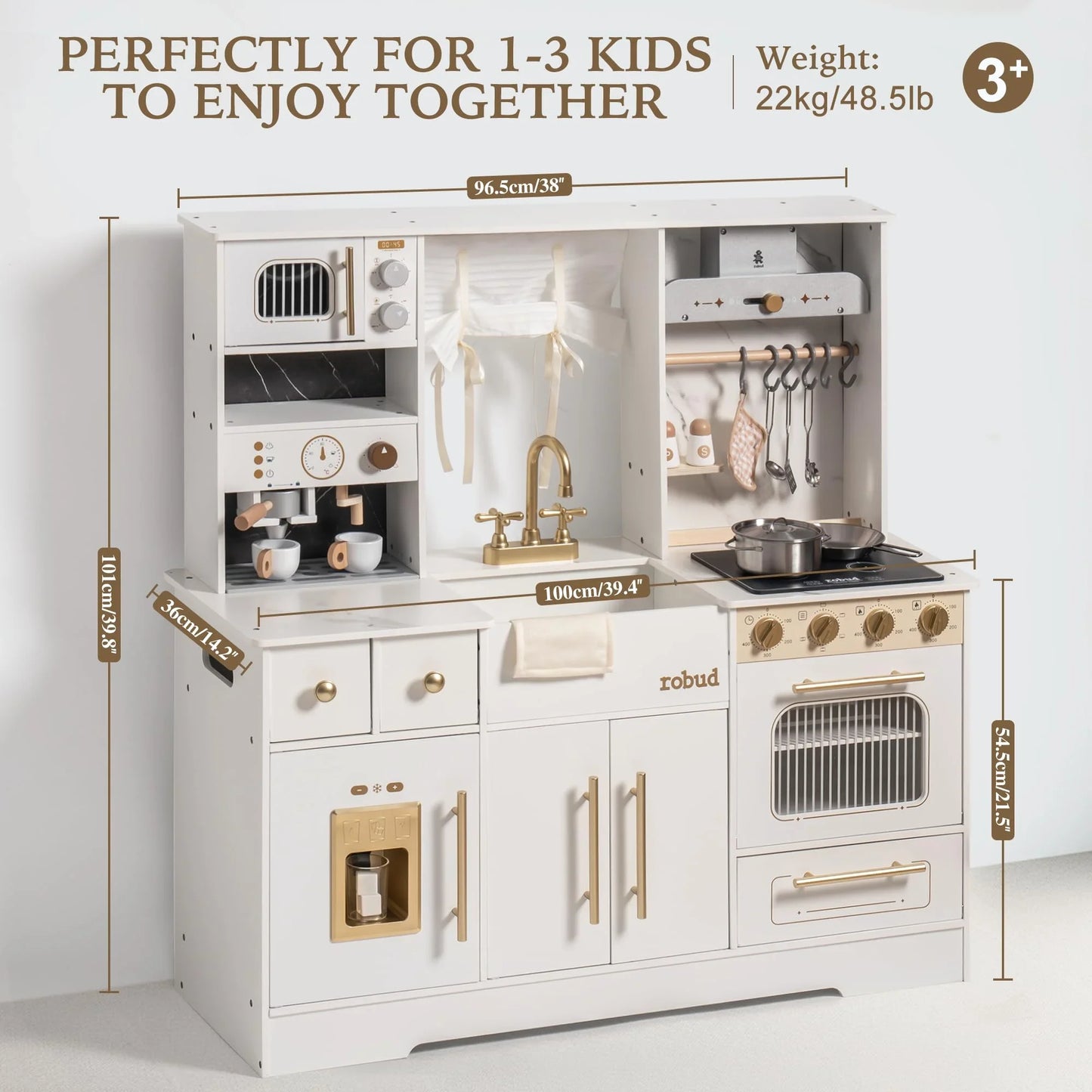 Robud Wooden Play Kitchen Toy Set with Ice Maker and Coffee Machine Realistic Kitchen Gift for Girls and Boys Ages 3 and Up