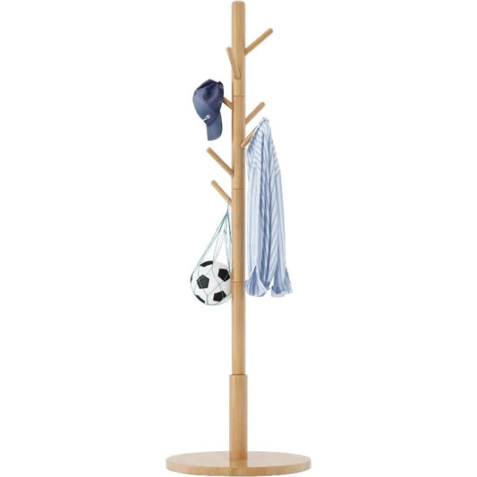 Wooden Coat Rack, Free Standing Coat Stand with 8 Hooks and 3 Height Options, Sturdy Kids Coat Tree Easy to Assemble - The Kings Lots