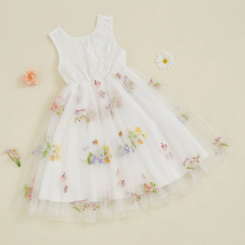 Kids Girl Tulle Dress Sleeveless Round Neck Floral Embroidery Dress Toddler Princess Dress Summer Clothes - The Kings Lots