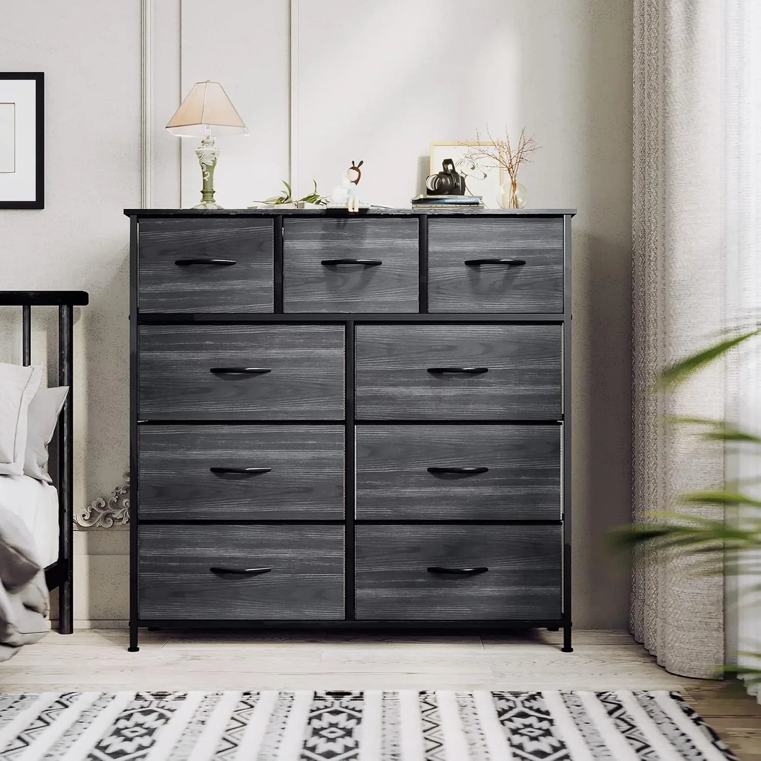 Dresser for Bedroom with 9 Drawers-Fabric Storage Tower Tall Chest Organizer Unit for Living Room, Entryway, Closets, Wooden Top - The Kings Lots