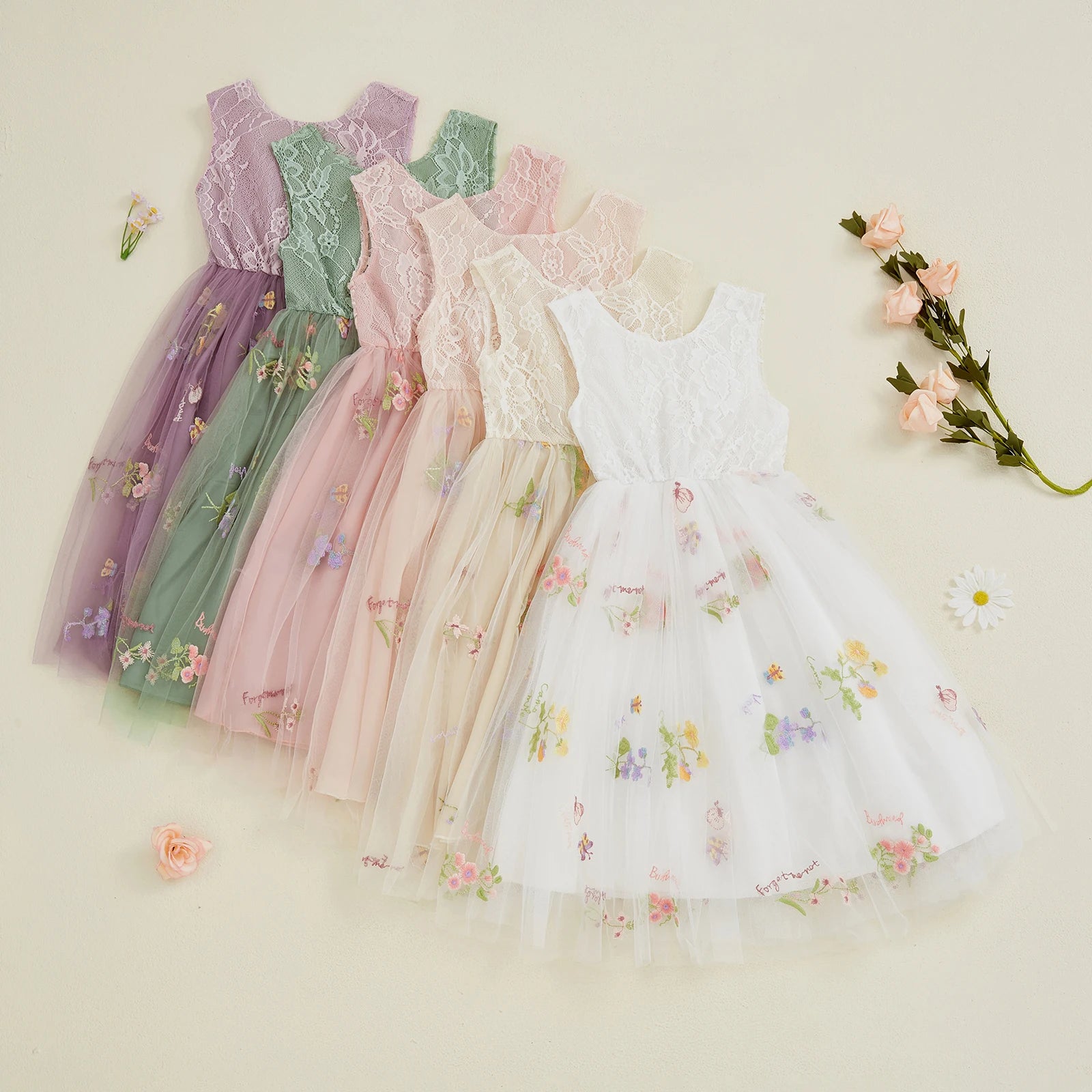 Kids Girl Tulle Dress Sleeveless Round Neck Floral Embroidery Dress Toddler Princess Dress Summer Clothes - The Kings Lots