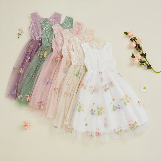 Kids Girl Tulle Dress Sleeveless Round Neck Floral Embroidery Dress Toddler Princess Dress Summer Clothes - The Kings Lots