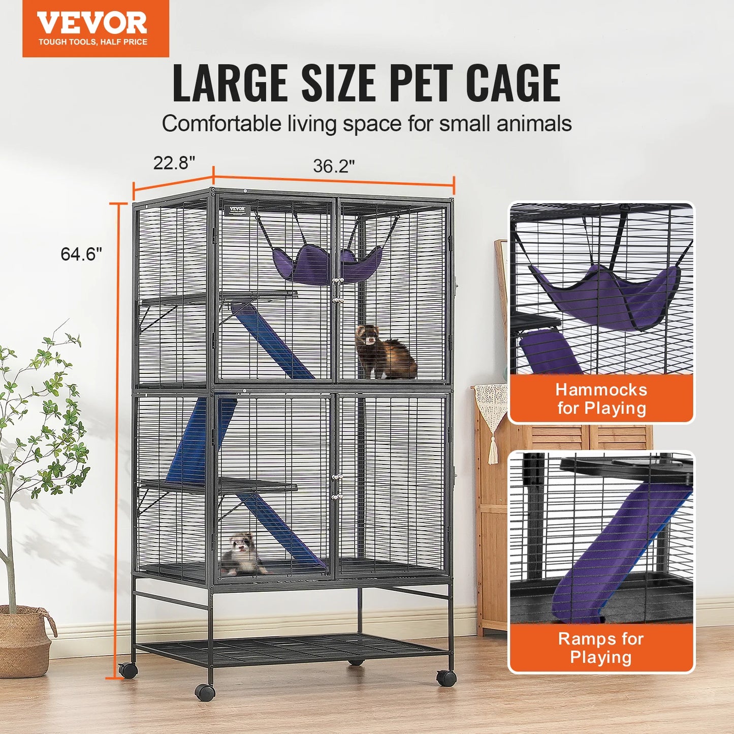 VEVOR 64.6" Rolling Metal Ferret Cage Large 4-Tier Critter Cage