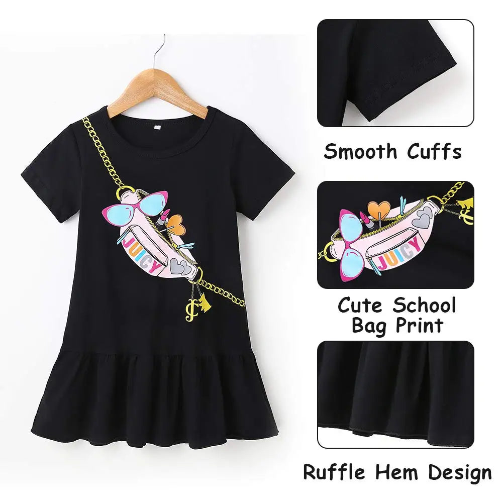 Baby Girl Casual Dress Cotton Short Sleeves Ruffled T-Shirt Dresses with Cute Pattern Black Summer Girl Dress - The Kings Lots