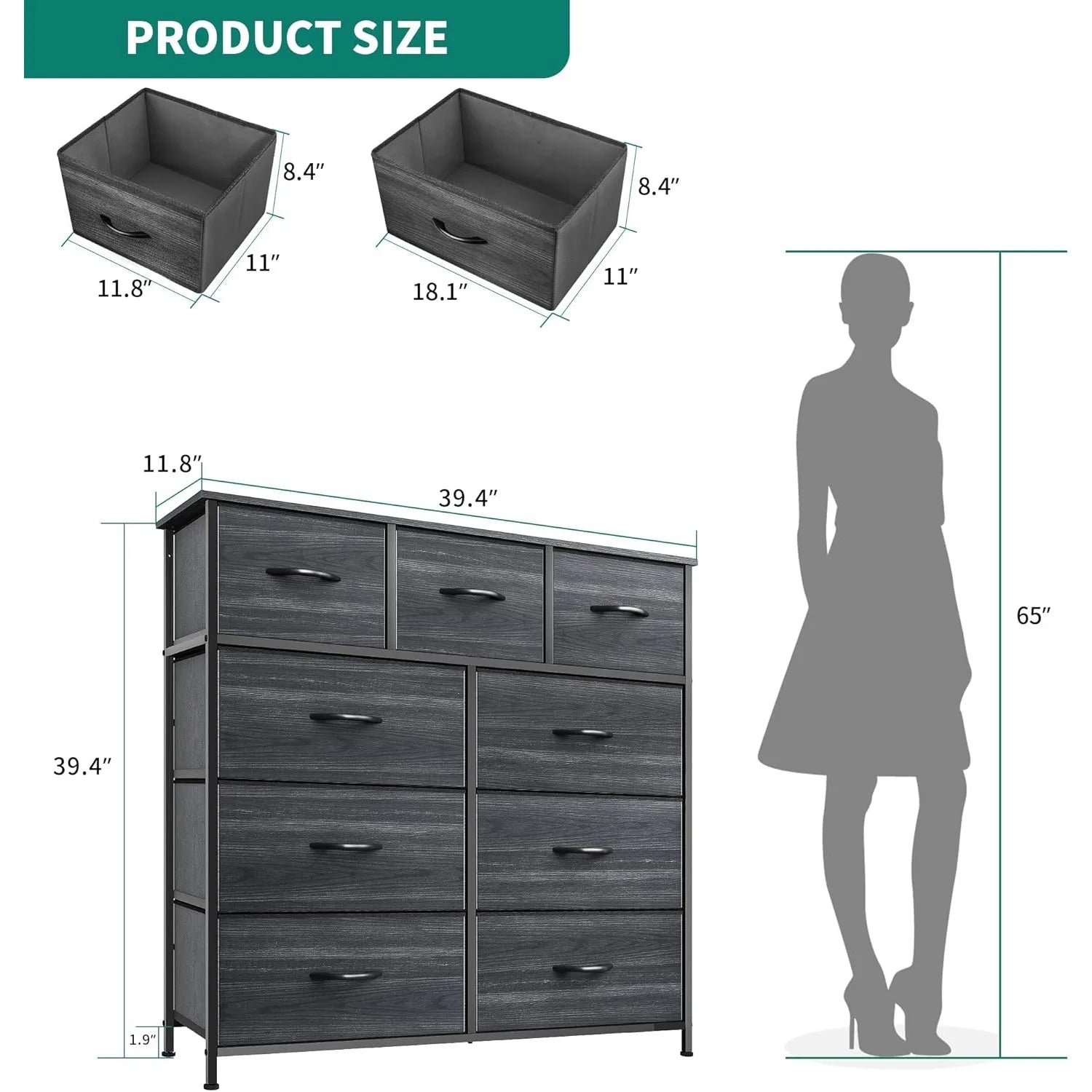 Dresser for Bedroom with 9 Drawers-Fabric Storage Tower Tall Chest Organizer Unit for Living Room, Entryway, Closets, Wooden Top - The Kings Lots