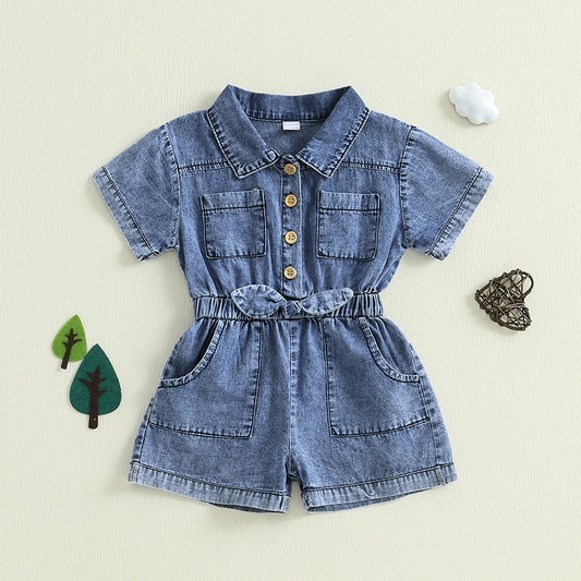 Girls Denim Overall Dress with Ruffle Sleeves A-Line Skirt - The Kings Lots