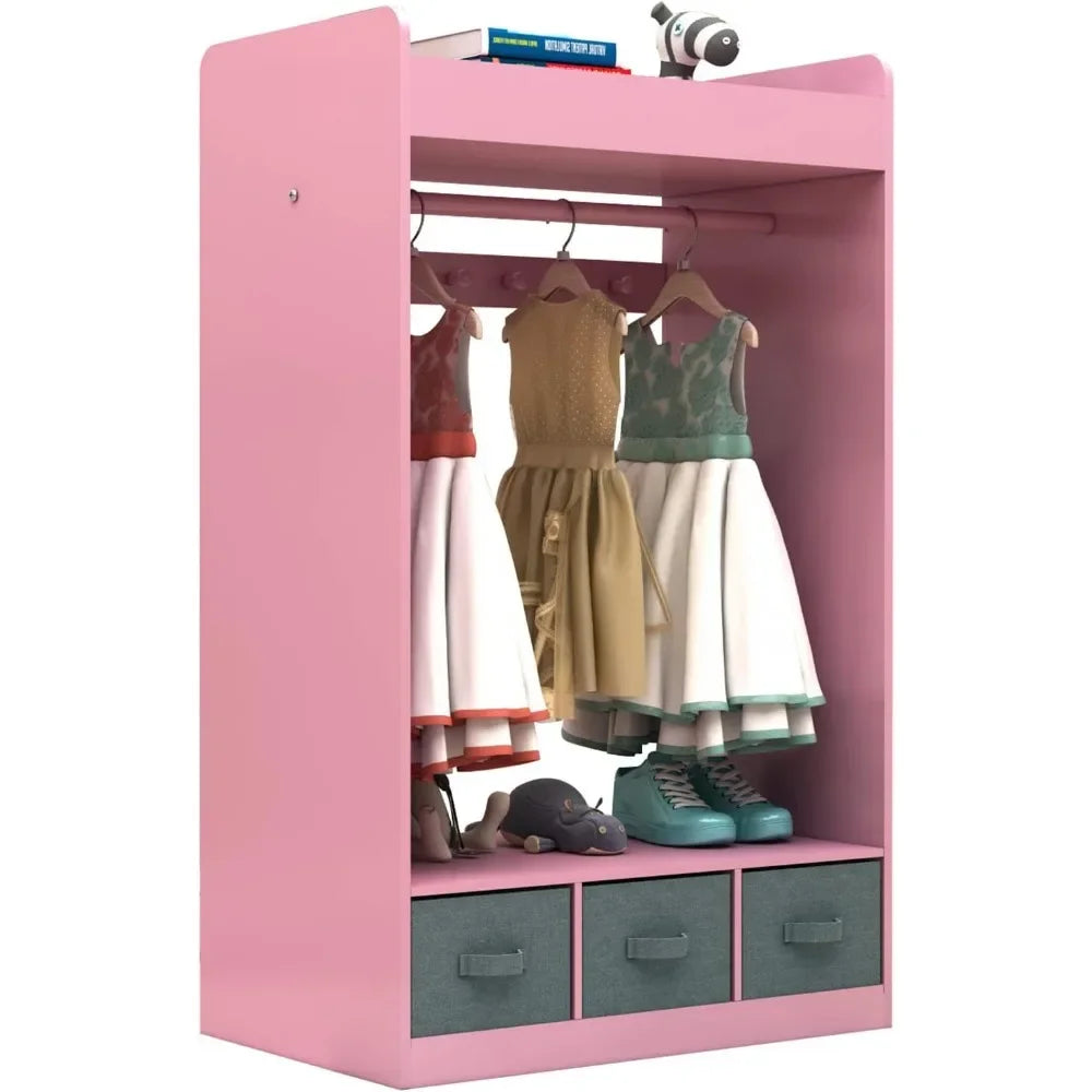 Children's Wardrobes , Dress up Storage with Mirror and Storage Bin,Kids Play Armoire Dresser with Mirror,Kids Costume Organizer - The Kings Lots