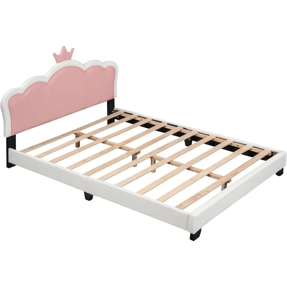 Full Size Upholstered Princess Bed with Crown Headboard, Full Size Platform Bed with Headboard and Footboard Suitable for girls - The Kings Lots