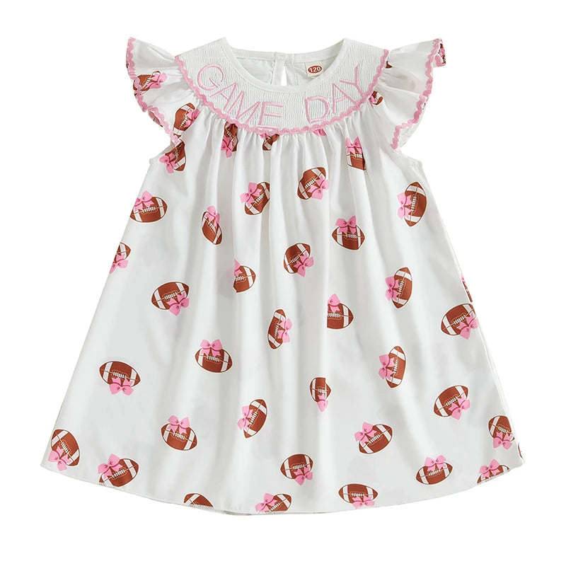 Cute Toddler Girl Floral Print Sleeveless Round Neck A-Line Dress with Bow Detail and Embroidered Letters - The Kings Lots