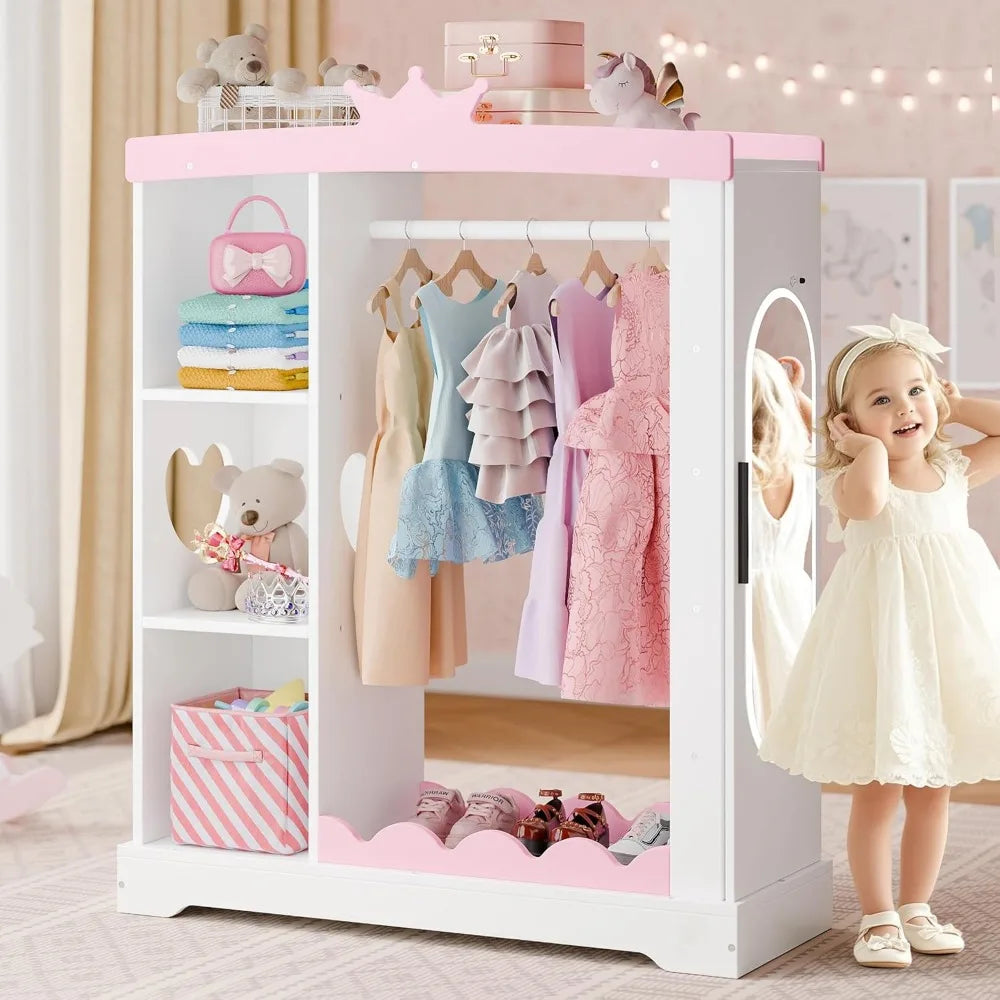 Kids Armoire with Jewelry Cabinet, Dress up Storage with Mirror and Shelves, Princess Dress Closet and Costumes Wardrobe Closet - The Kings Lots