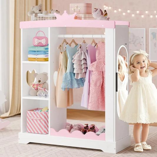 Kids Armoire with Jewelry Cabinet, Dress up Storage with Mirror and Shelves, Princess Dress Closet and Costumes Wardrobe Closet - The Kings Lots