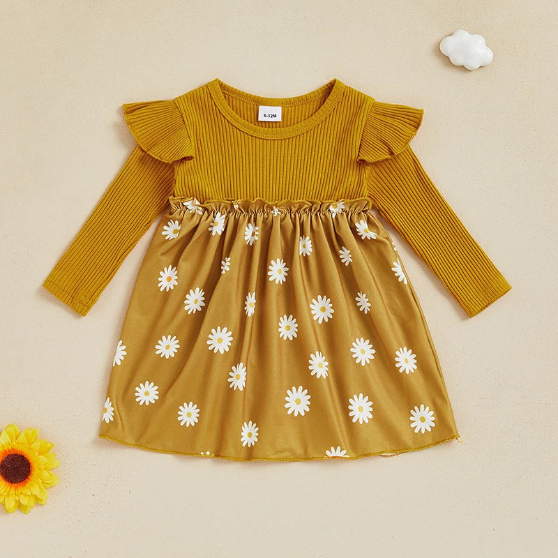 Kids Girls Casual Dress Long Sleeve Dress Crew Neck Flower Print Fall Dress for Daily - The Kings Lots