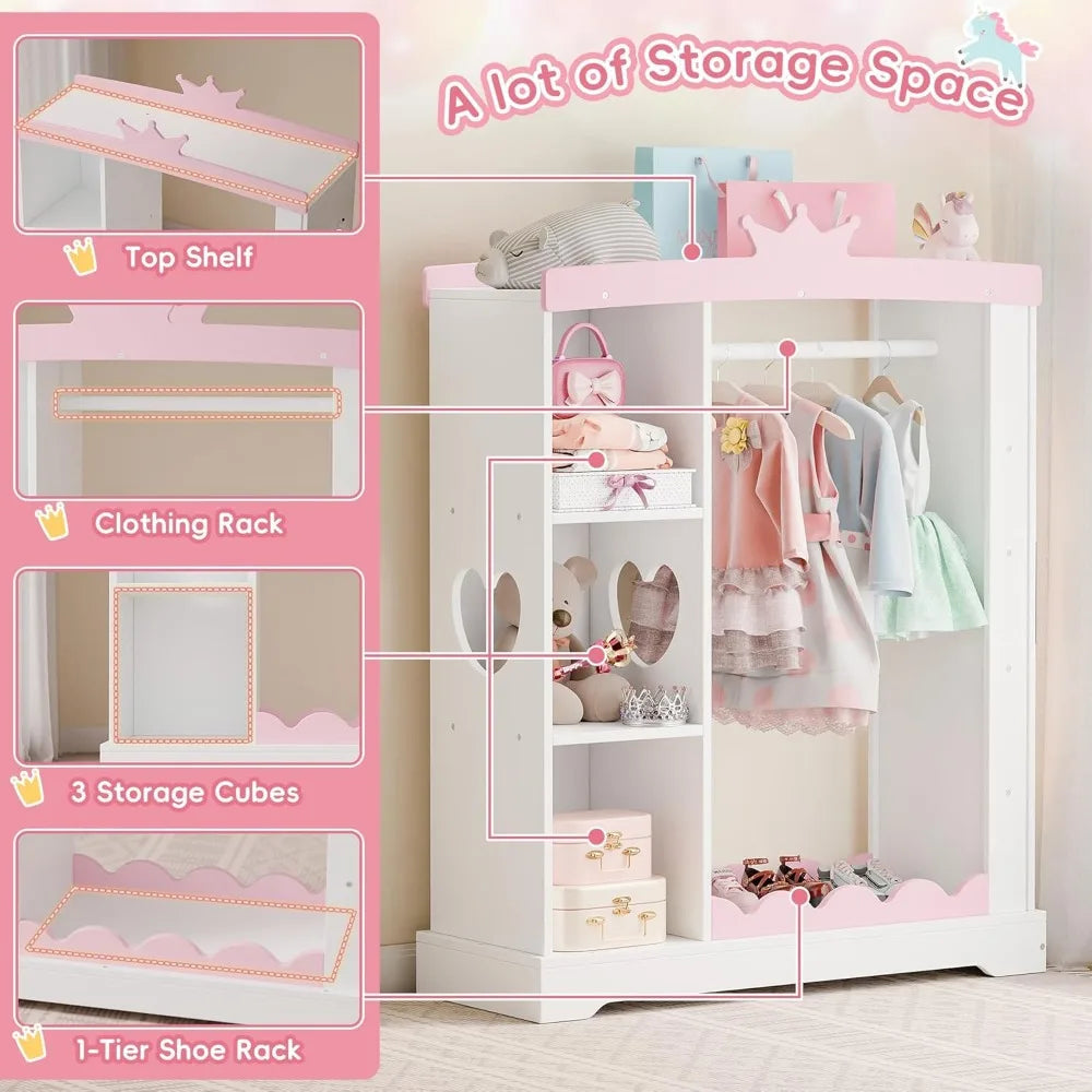 Kids Armoire with Jewelry Cabinet, Dress up Storage with Mirror and Shelves, Princess Dress Closet and Costumes Wardrobe Closet - The Kings Lots