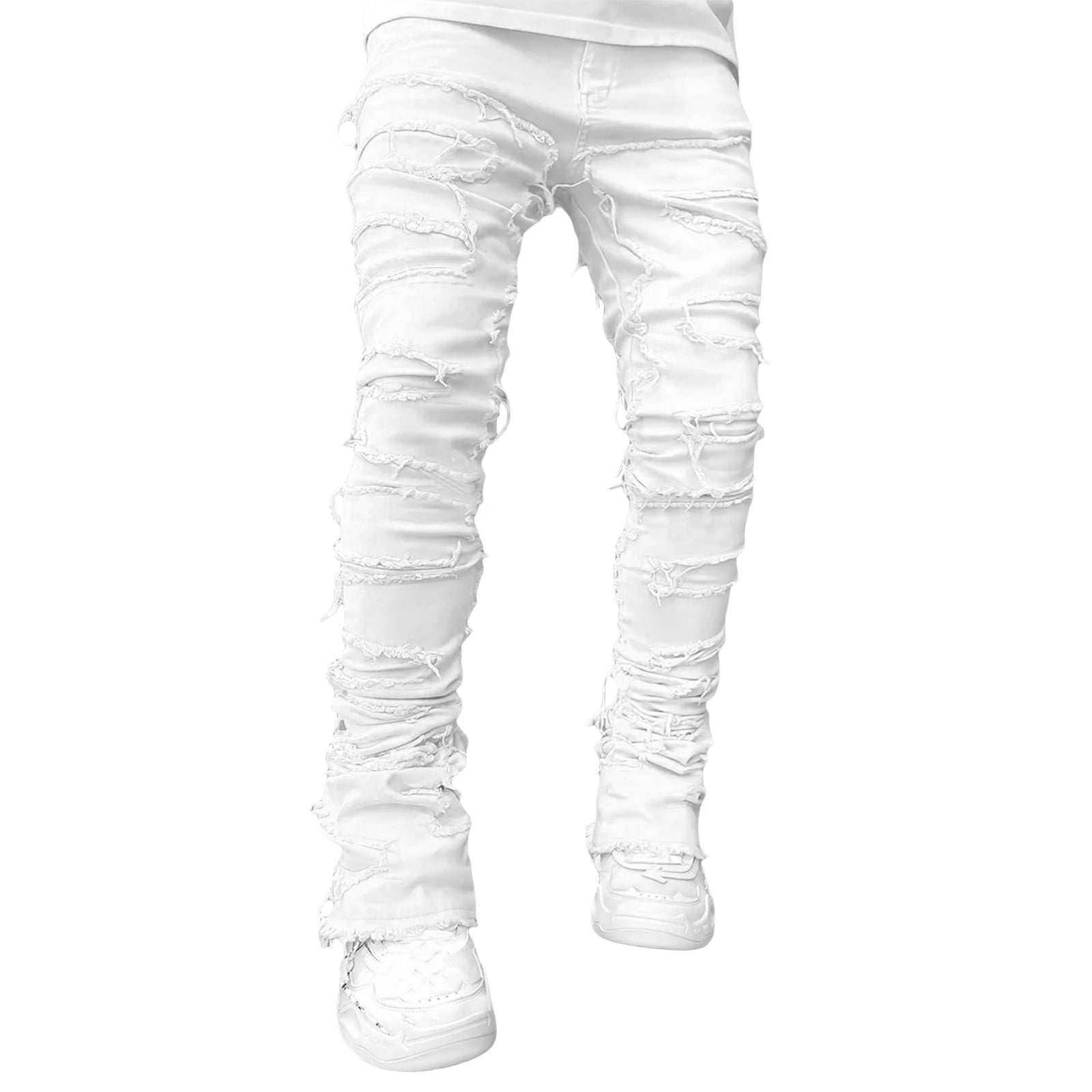 Men Skinny Pants Vintage Patch Frayed Denim Pants Spring Fall Casual Leggings Trousers with Pockets - The Kings Lots