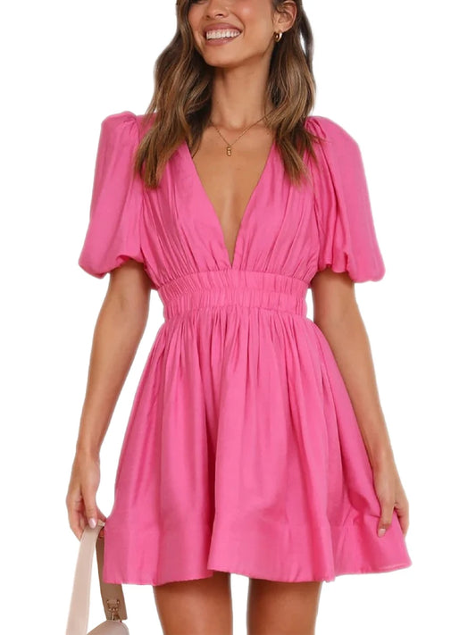 Women Summer Casual A-line Dress Solid Color Deep V-Neck