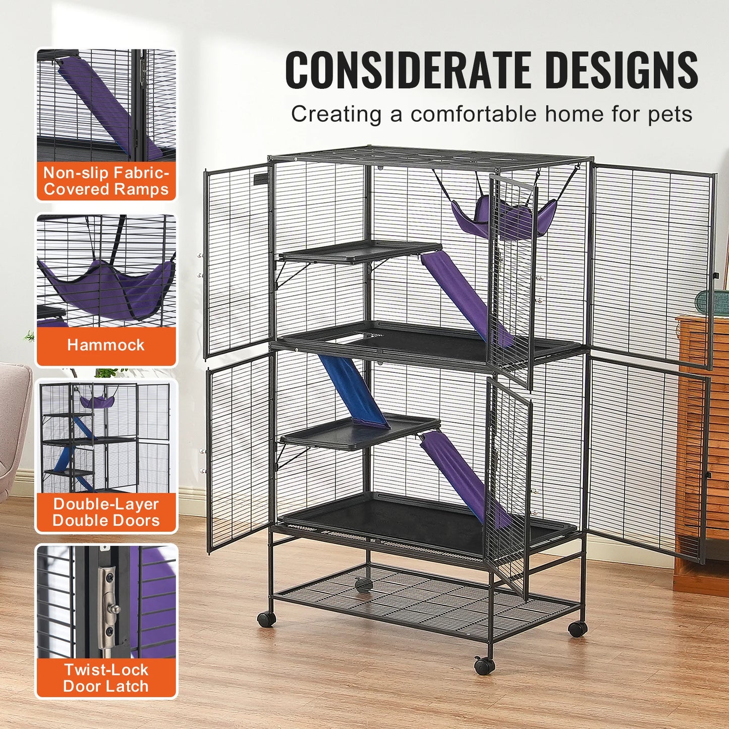 VEVOR 64.6" Rolling Metal Ferret Cage Large 4-Tier Critter Cage