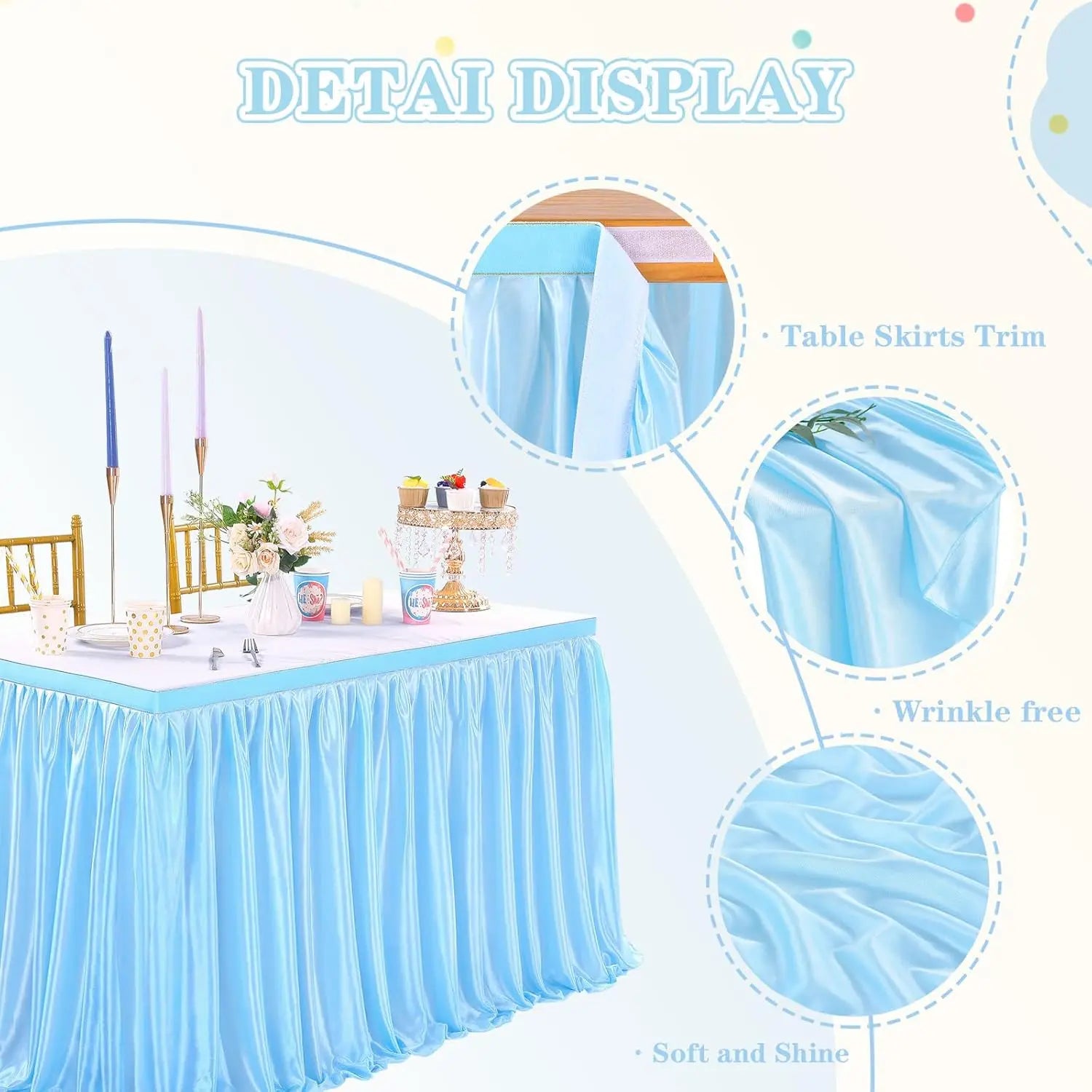 3 Piece Blue Table Skirt for Rectangle Table 9ft Polyester Cover - The Kings Lots